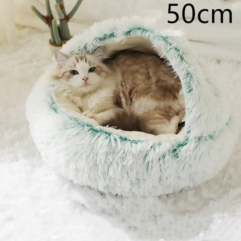 2-in-1 Dog & Cat Bed – Round Plush Winter Warm Bed House - Ocean Blue