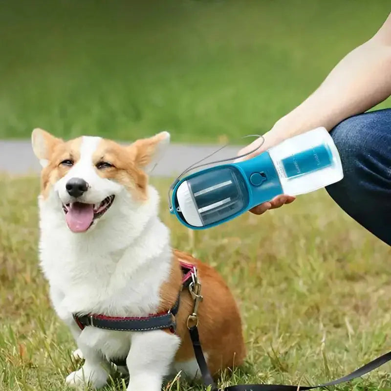 "Multi-Functional Dog Water Bottle with Food & Waste Bag Holder" - Ocean Blue