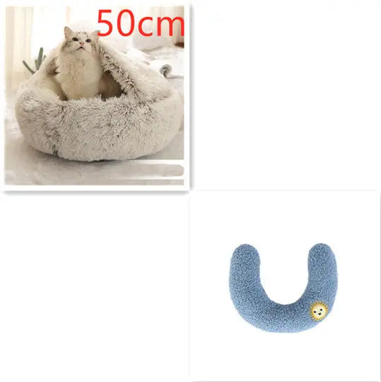 2-in-1 Dog & Cat Bed – Round Plush Winter Warm Bed House - Ocean Blue